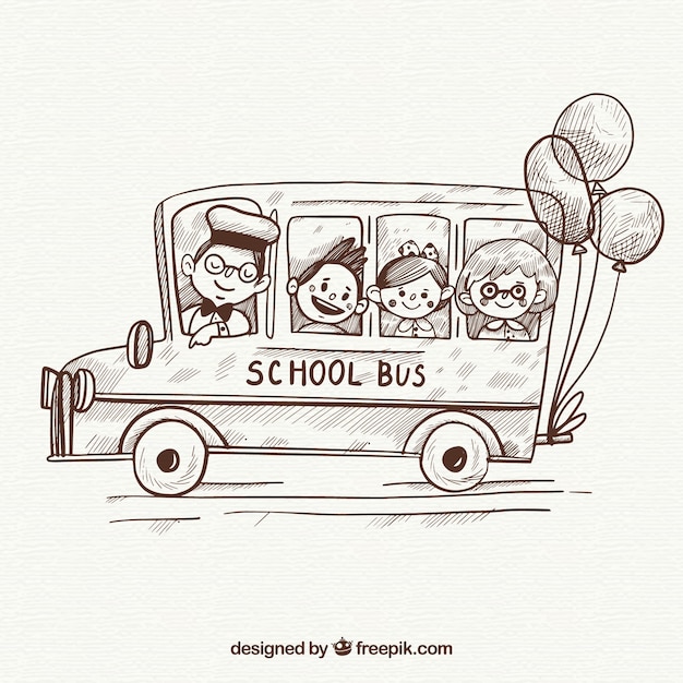 Gratis vector hand getrokken schoolbus met kinderen