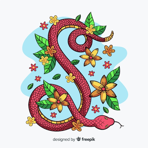 Gratis vector hand getrokken slang met bloemen illustratie