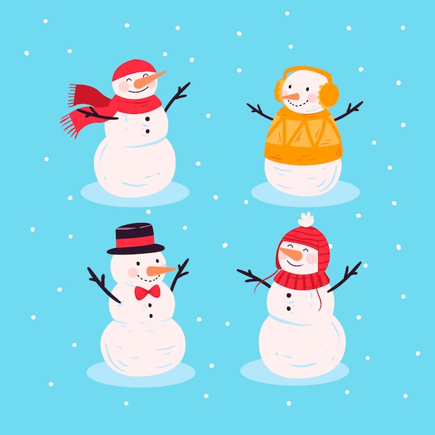 Gratis vector hand getrokken sneeuwpop tekensverzameling