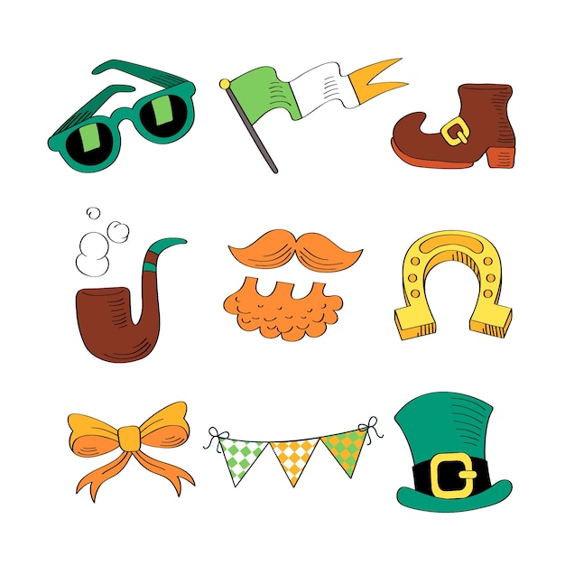 Gratis vector hand getrokken st. patrick's day element collectie met vlag en pijp