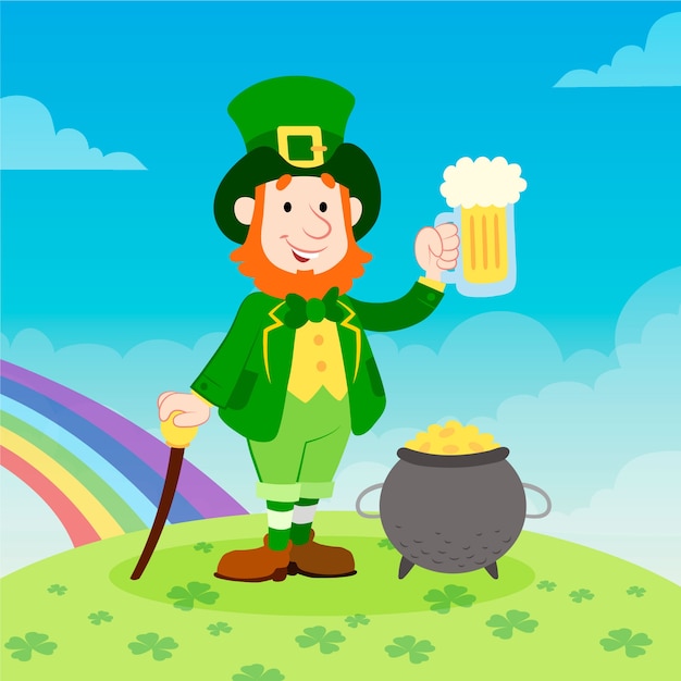 Hand getrokken st. Patricks dag met man met bier en regenboog