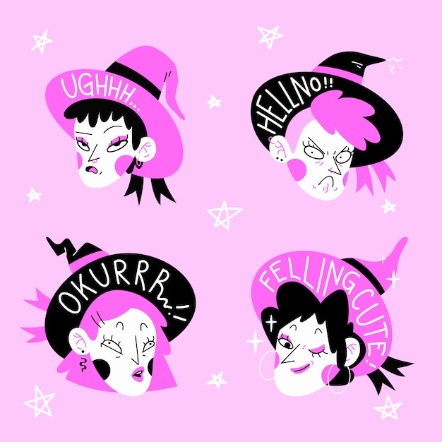 Hand getrokken stickers met roze en zwarte heksen set