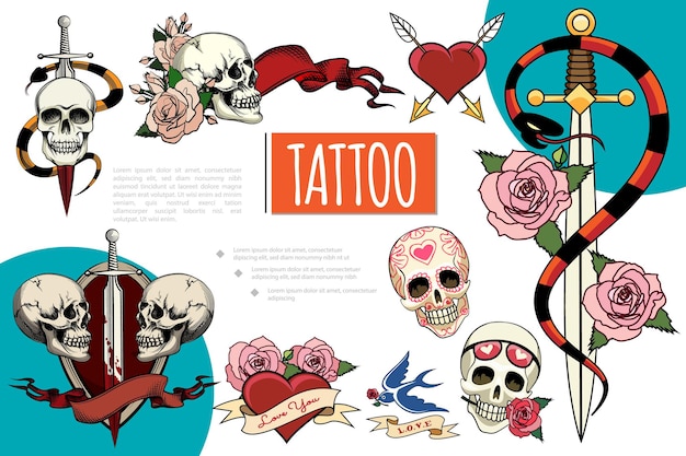 Gratis vector hand getrokken tattoo elementen samenstelling met menselijke schedels zwaard in bloed slangen roze bloemen slikken linten hart doorboord met pijlen illustratie,