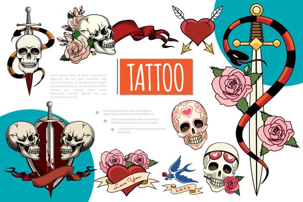 Hand getrokken tattoo elementen samenstelling met menselijke schedels zwaard in bloed slangen roze bloemen slikken linten hart doorboord met pijlen illustratie,