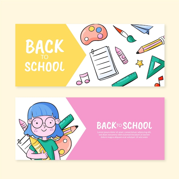 Hand getrokken terug naar school horizontale banners set