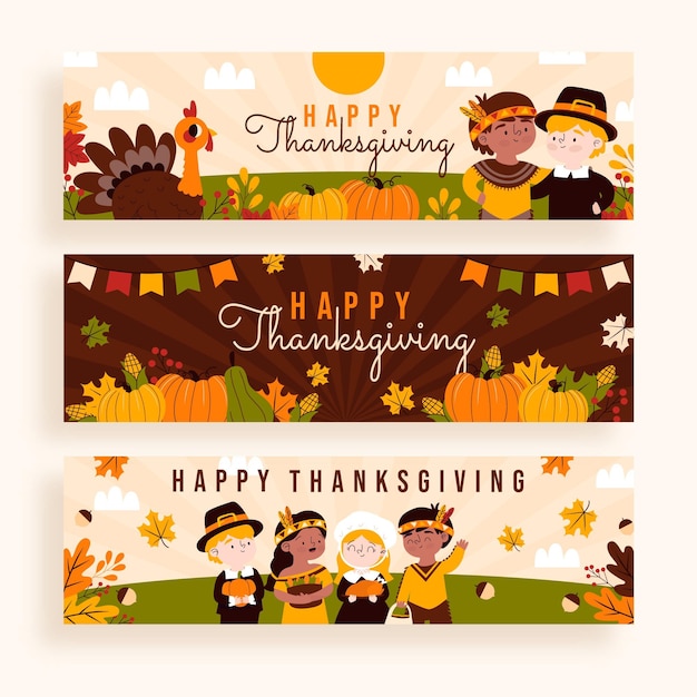 Gratis vector hand getrokken thanksgiving horizontale banners set