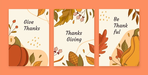 Gratis vector hand getrokken thanksgiving kaarten set