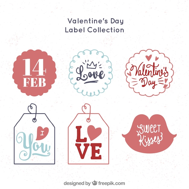 Gratis vector hand getrokken valentijnsdag label / badge collectie