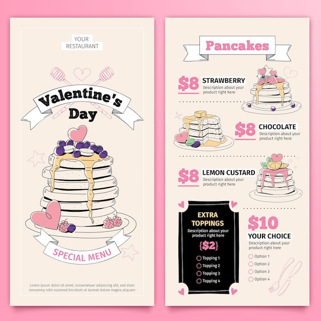 Gratis vector hand getrokken valentijnsdag menusjabloon