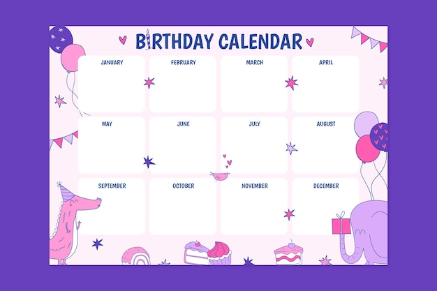 Gratis vector hand getrokken verjaardag kalendersjabloon