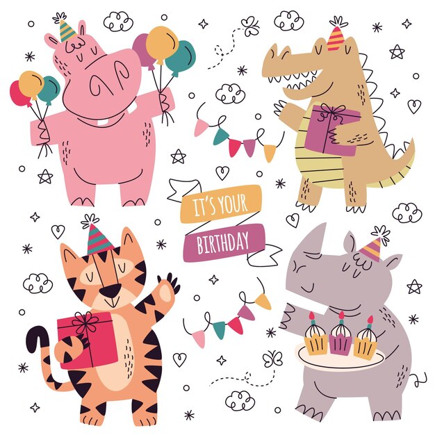 Hand getrokken verjaardag stickers collectie