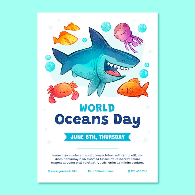 Hand getrokken verticale folder sjabloon voor de viering van de wereld oceanen dag