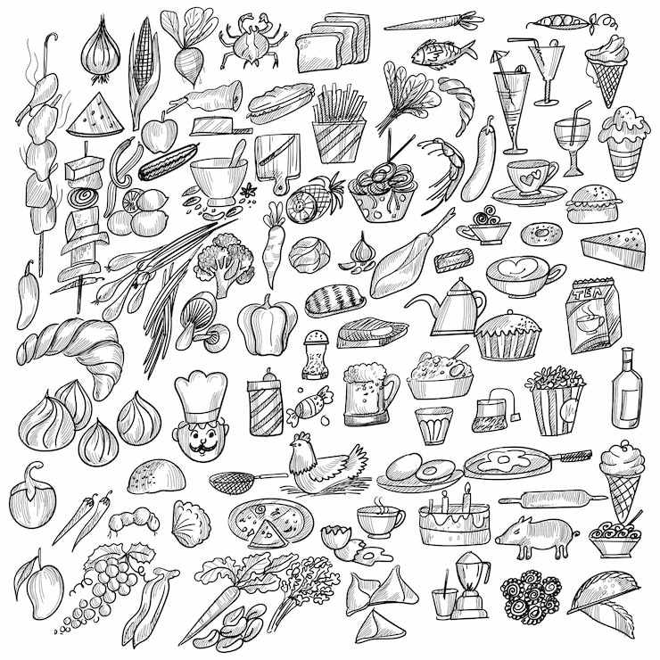 Gratis Vector hand getrokken voedselelementen schetsontwerp