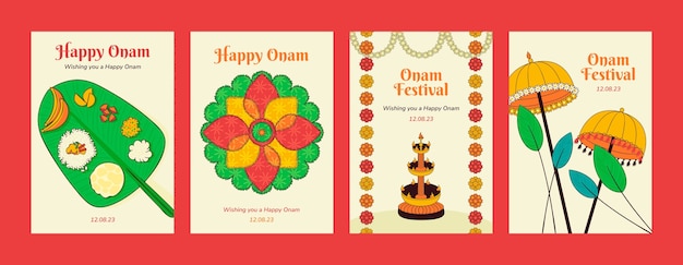 Gratis vector hand getrokken wenskaarten collectie voor onam festival viering