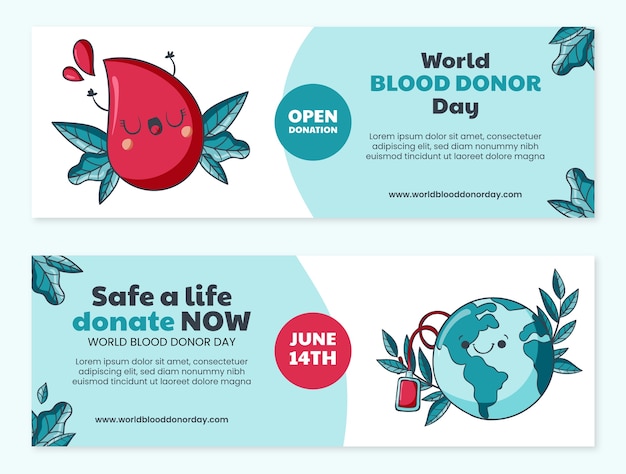 Hand getrokken wereld bloeddonor dag horizontale banners collectie