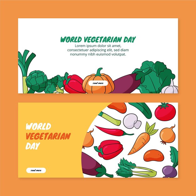 Hand getrokken wereld vegetarische dag horizontale banners set