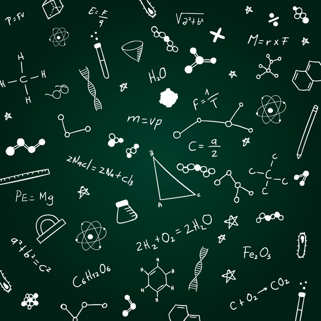 Hand getrokken wetenschappelijke formules op schoolbord achtergrond