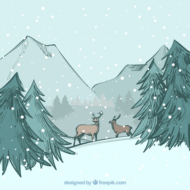 Gratis vector hand getrokken winter achtergrond met rendieren