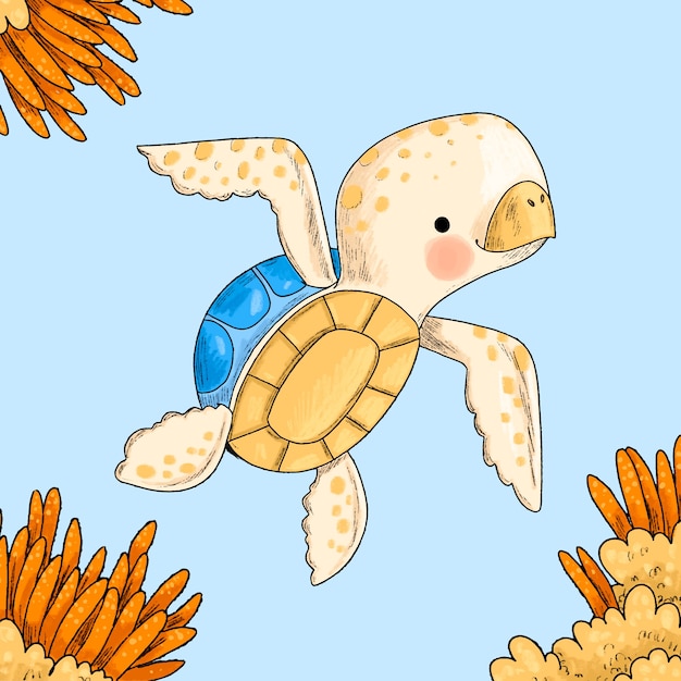 Gratis vector hand getrokken zeeschildpad cartoon afbeelding