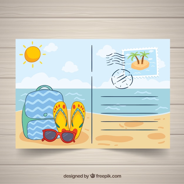 Hand getrokken zomer briefkaartsjabloon met strand