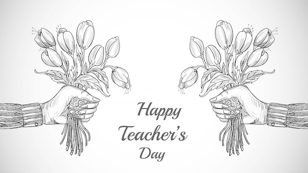 Hand met boeket bloemen schets leraren dag achtergrond