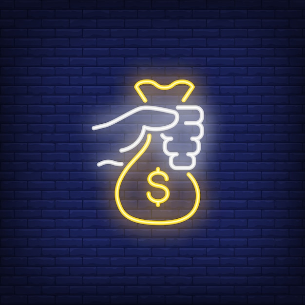 Gratis vector hand met geld tas neon teken