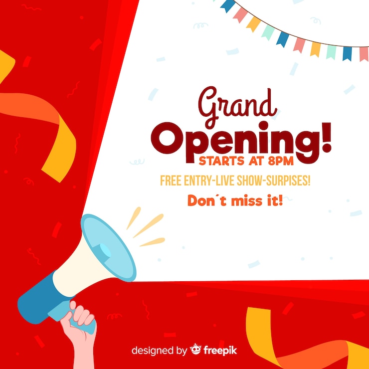Gratis Vector hand met megafoon grand opening achtergrond