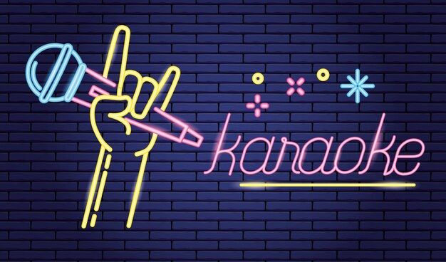Hand met microfoon in karaoke over paars, neon-stijl