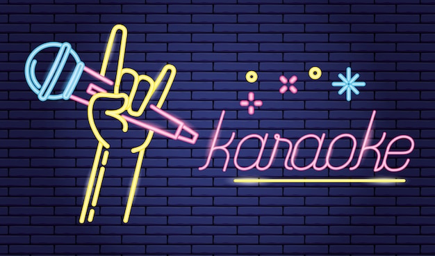 Hand met microfoon in karaoke over paars, neon-stijl