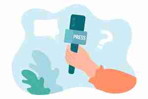 Gratis vector hand met microfoon met pers teken platte vectorillustratie. journalist of verslaggever die persoon interviewt. massamedia, nieuws, radio, persconferentie, televisieconcept