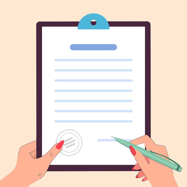 Gratis vector hand met pen om papieren document te ondertekenen. vrouw ondertekening juridische overeenkomst of contract platte vectorillustratie. handtekening, deal, partnerschapsconcept voor banner, websiteontwerp of bestemmingswebpagina