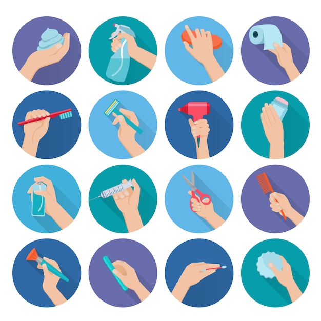 Gratis vector hand met persoonlijke hygiëne objecten plat pictogrammen instellen