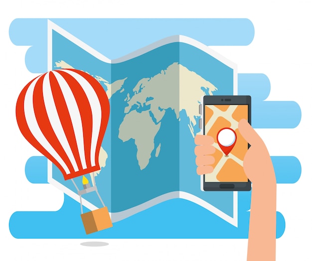 Hand met smartphone-adreslocatie en luchtballon