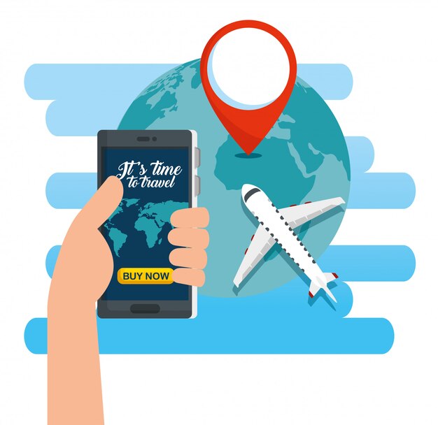 Hand met smartphone en eathplaneet met locatieteken
