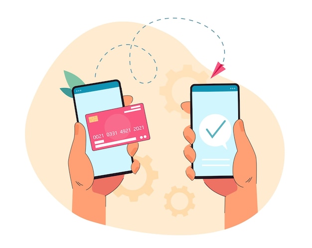 Gratis vector hand met telefoon met digitale portemonnee-service en geld verzenden. betalingstransactie of overschrijving via mobiele app vlakke afbeelding