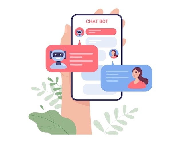 Gratis vector hand met telefoon met gesprek van meisje en chatbot. mobiele app om met robot online platte vectorillustratie te praten. technologie, assistentieconcept voor banner, website-ontwerp of bestemmingspagina