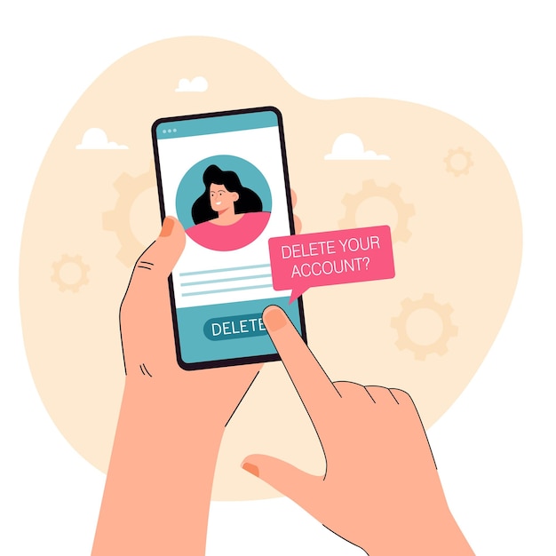 Gratis vector hand met telefoon met social media profiel en delete-knop. vrouw account verwijderen uit online netwerk platte vectorillustratie. technologie of internetverslavingsconcept voor banner of bestemmingspagina