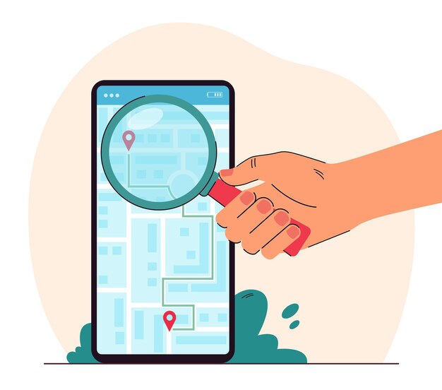 Hand met vergrootglas voor telefoon met stadsplattegrond op het scherm. Mobiele applicatie met route naar bestemming platte vectorillustratie. Navigatie, transport, technologieconcept voor banner