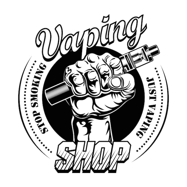 Hand pf vaper vectorillustratie. mannenhand met elektronische sigaret, stoppen met roken tekst, stempel