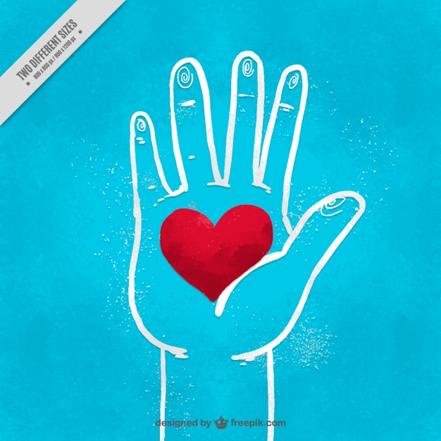 Gratis vector hand schets blauwe achtergrond met een rood hart