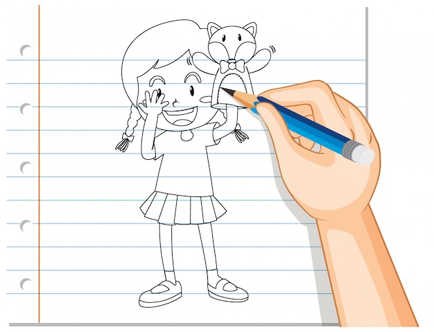 Gratis vector hand schrijven van meisje spelen pop hand overzicht