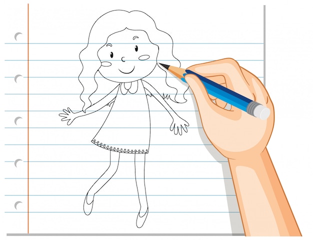 Gratis vector hand schrijven van schattige krul lang haar meisje overzicht