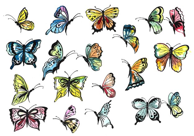 Hand tekenen collectie van mooie kleurrijke vlinders aquarel ontwerp