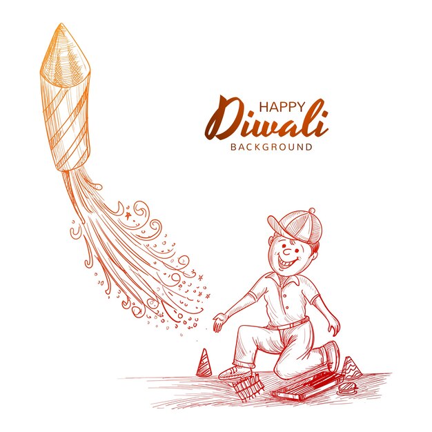 Hand tekenen Indiase festival diwali jongen vliegende raket viering achtergrond