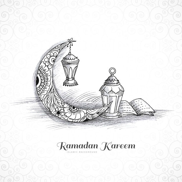 Hand tekenen ramadan kareem islamitische lamp en maan schets kaart ontwerp