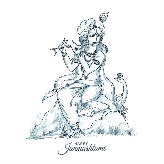 Hand tekenen schets heer krishna in happy janmashtami festival kaart achtergrond