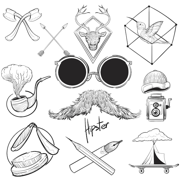 Hand tekening illustratie set hipster stijl