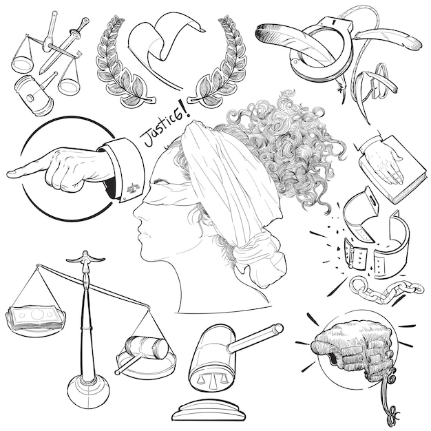 Hand tekening illustratie set van Justitie