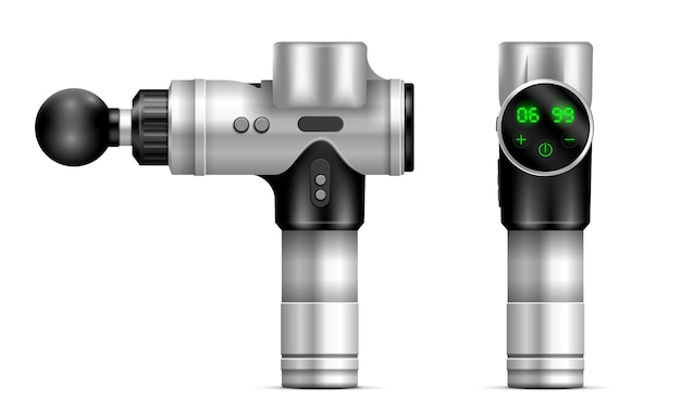 Gratis vector handbediend percussiemassagepistool met elektronisch scorebord vanuit verschillende hoeken realistische vectorillustratie