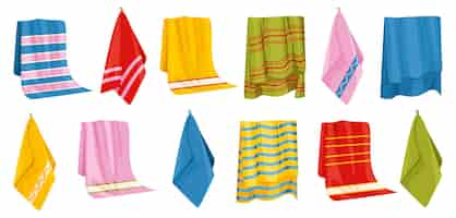Gratis vector handdoekbadset van geïsoleerde pictogrammen met afbeeldingen van hangende badhanddoeken met verschillende kleurrijke patronenillustratie